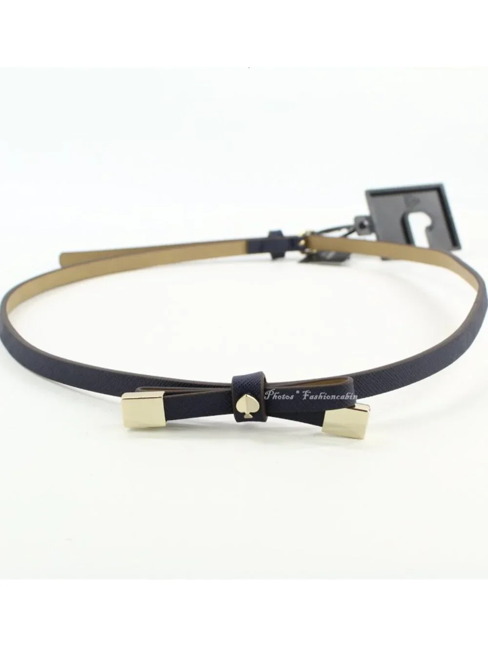 NEW Kate Spade 8mm Goldtone Tips Logo Spade Skinny Bow Belt, Blazer Blue